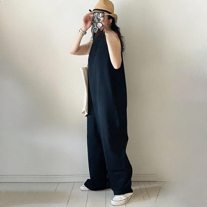 【ボトムス】ワイドパンツオールインワン レディース ノースリーブ 無地 ゆったり リラックス 夏コーデ
