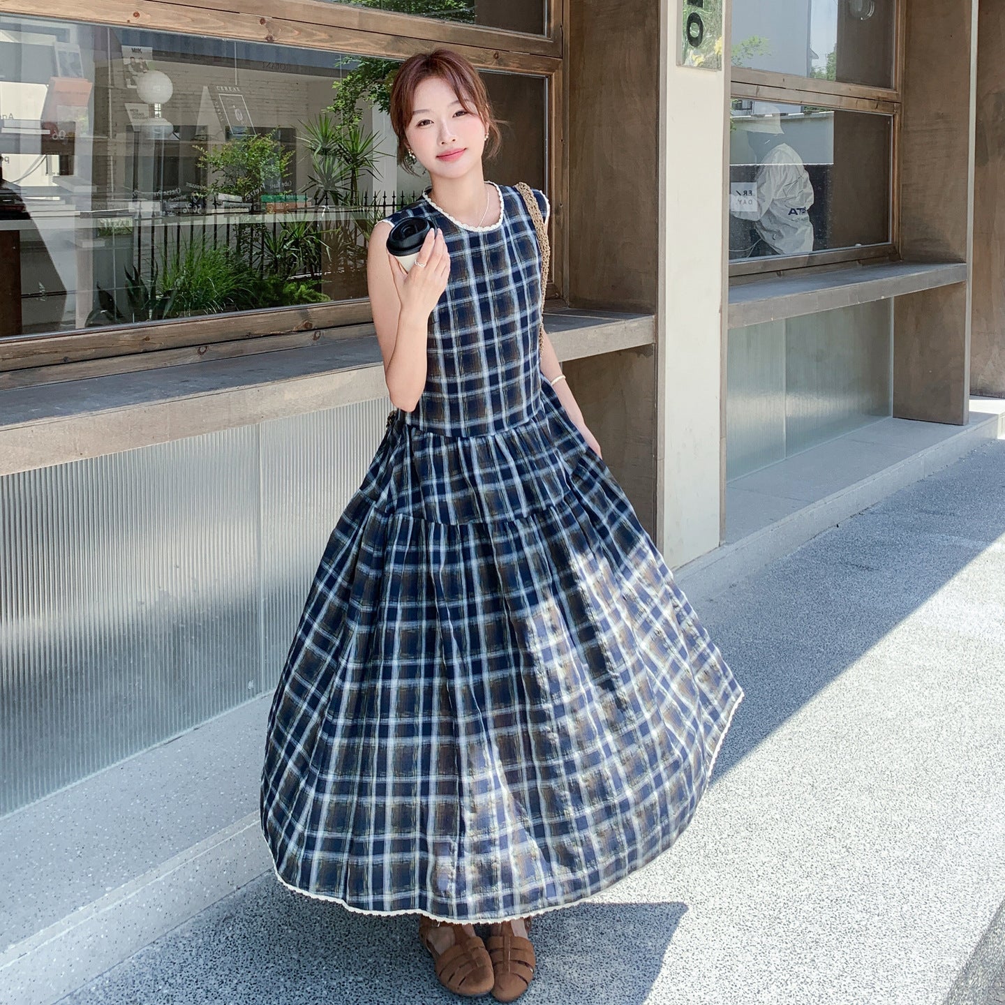 【ワンピース】フレンチリラックス感 カジュアルで細見え 気質 レトロチェック ノースリーブワンピース【SHシリーズ】