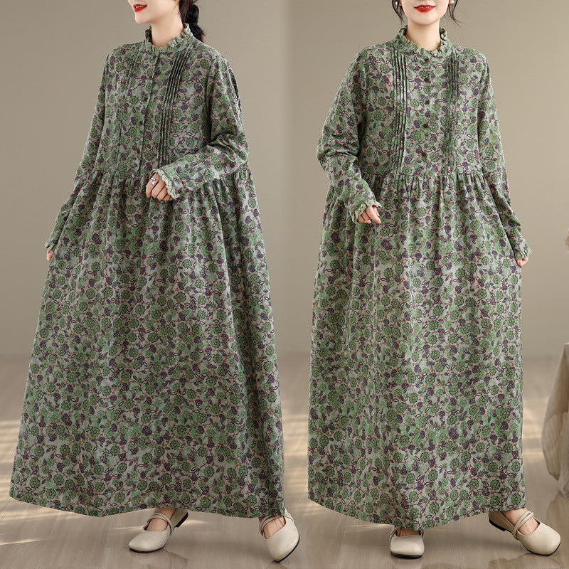 【ワンピース】ロング丈 プリント 上品な雰囲気 リネン素材 長袖 ワンピース 【SHシリーズ】