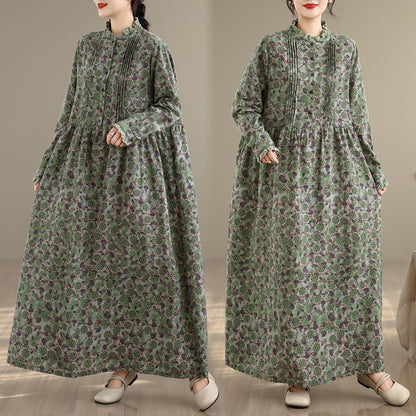 【ワンピース】ロング丈 プリント 上品な雰囲気 リネン素材 長袖 ワンピース 【SHシリーズ】