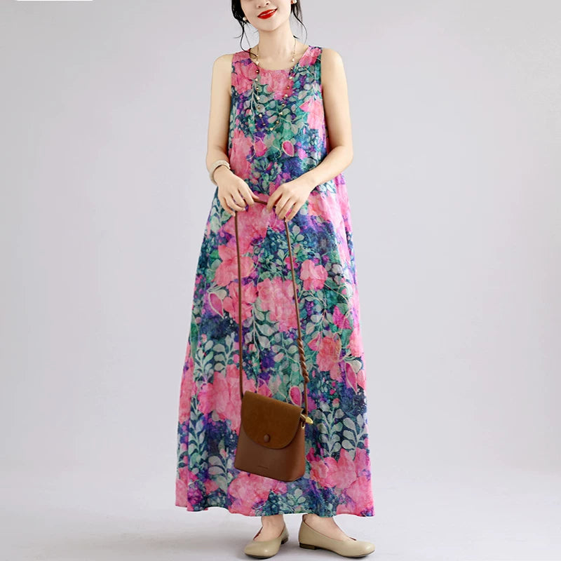 【ワンピース】ボヘミアン ロングワンピース レディース 大きいサイズ ノースリーブ 花柄 ゆったり リゾート風 夏ワンピース【SHシリーズ】
