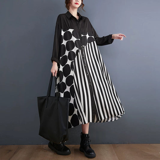 【ワンピース】配色ドット柄シャツワンピース レディース 春新作 大きいサイズ ゆったり ロング丈 カジュアル【JZシリーズ】