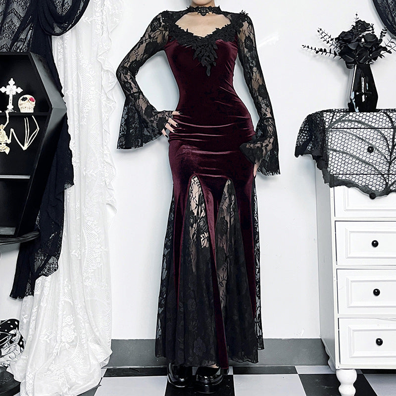 【ハロウィン】 2色展開 ダークレース 暗黒系 レース 透け感 細見せマーメイド ワンピース セクシー ロングスリーブ ドレス