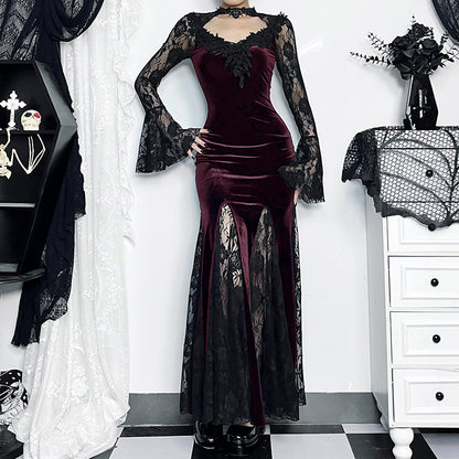 【ハロウィン】 2色展開 ダークレース 暗黒系 レース 透け感 細見せマーメイド ワンピース セクシー ロングスリーブ ドレス