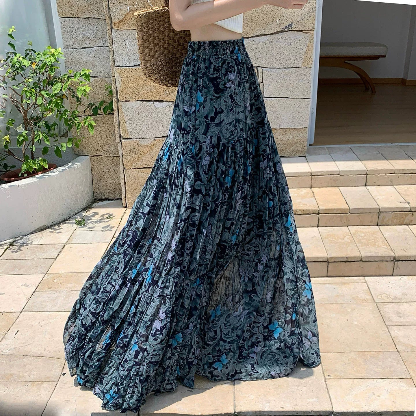 【ボトムス】フレンチ花柄スカート レディース 夏 シフォン素材 ティアードロングスカート ハイウエスト 上品フェミニン【SHシリーズ】