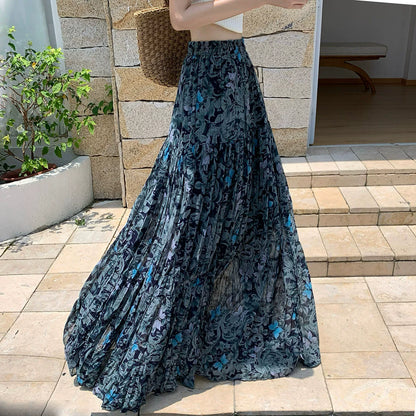 【ボトムス】フレンチ花柄スカート レディース 夏 シフォン素材 ティアードロングスカート ハイウエスト 上品フェミニン【SHシリーズ】