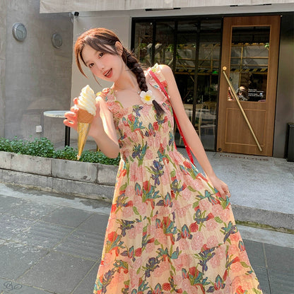 【ワンピース】夏 フレンチ風 スリム効果 ドーパミン 油絵プリント ノースリーブワンピース【SHシリーズ】