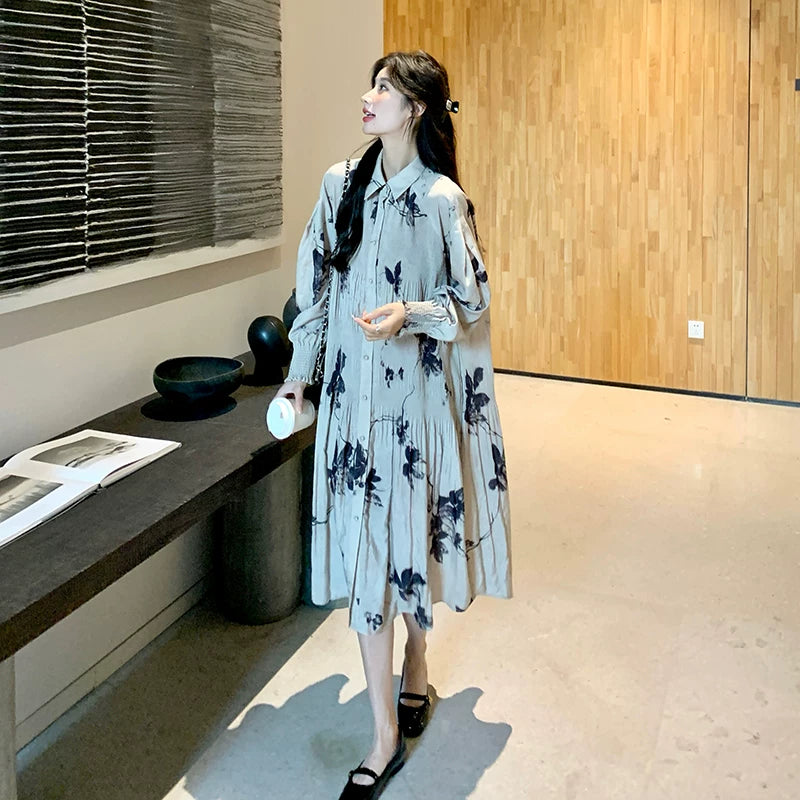 【ワンピース】水墨プリント ゆったり リラックス 長袖 シャツワンピース 【SHシリーズ】