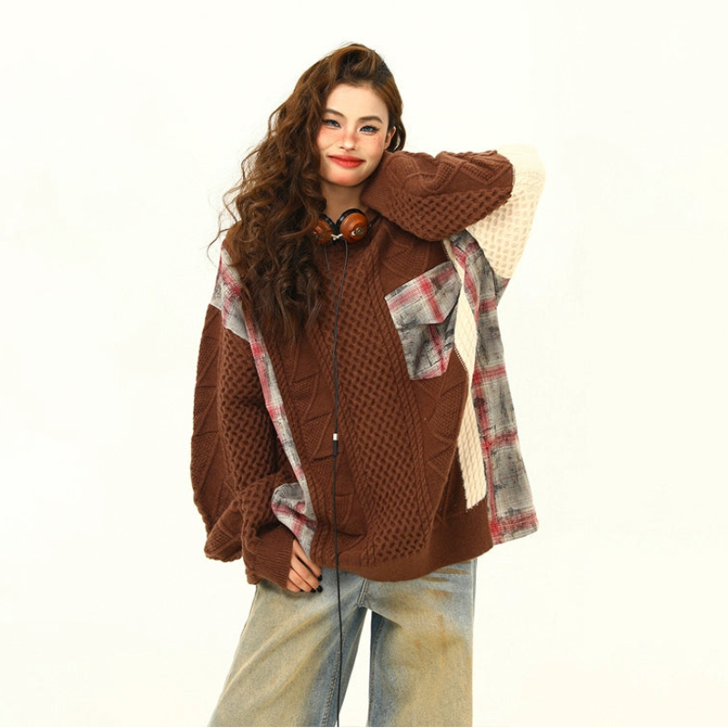 【トップス】ストリート感漂う配色ニット✨秋冬新作 ゆったりシルエットでこなれ感アップ ケーブル編み おしゃれ セーター【FCシリーズ】