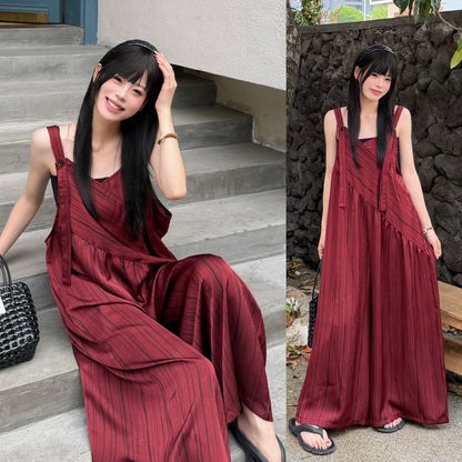【ボトムス】ストライプ サロペット レディース 夏 オーバーサイズ ワイドパンツ ゆったり 体型カバー オールインワン 人気 リラックスコーデ【SHシリーズ】