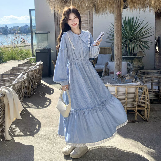 【ワンピース】フレンチ ピーターパンカラー ベルベット プリント 上品 長袖ワンピース【SHシリーズ】【JZシリーズ】