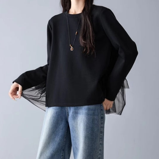 【トップス】日韓系 秋冬新作 バックシースルー 切り替え 長袖 スウェット ゆったり 大きめ 個性派 クルーネックパーカー