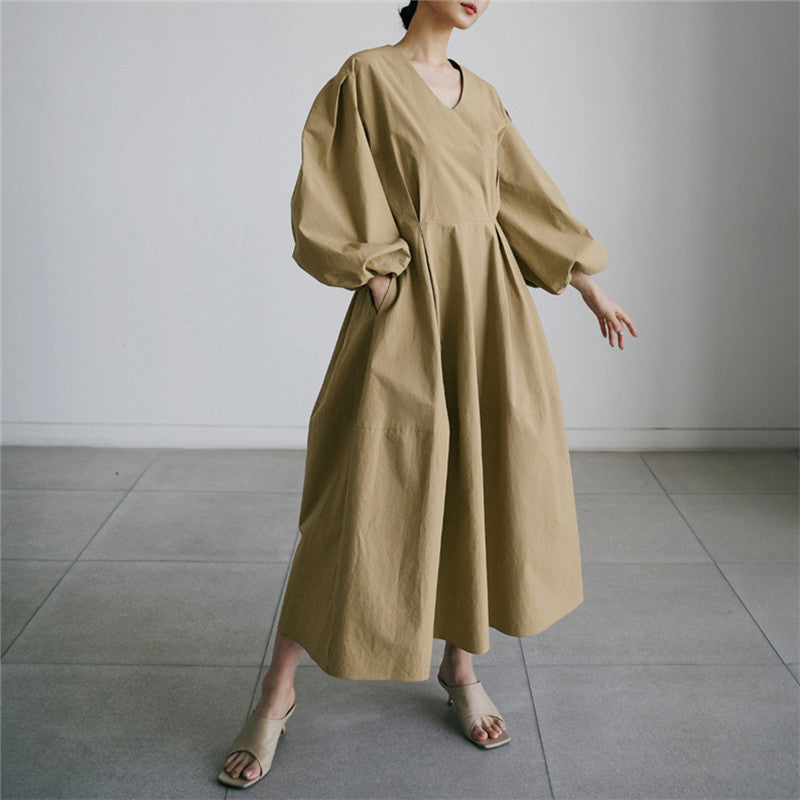 【ワンピース】春秋 ゆったり プラスサイズ Vネック ランタンスリーブ 長袖ワンピース