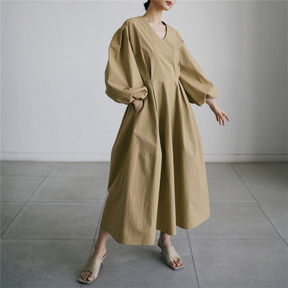 【ワンピース】春秋 ゆったり プラスサイズ Vネック ランタンスリーブ 長袖ワンピース