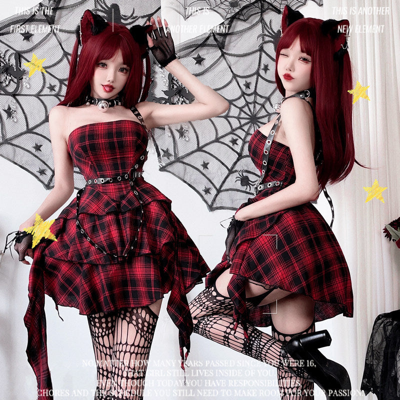 【ハロウィン】ゴシック ロリータ ドレス レディース ヤンキー系 Y2K チェック レース 甘辛ミックス ステージ衣装