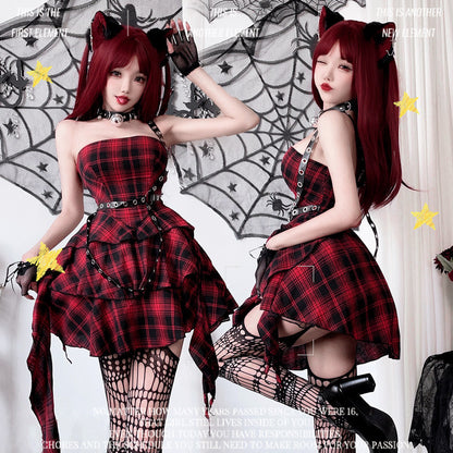 【ハロウィン】ゴシック ロリータ ドレス レディース ヤンキー系 Y2K チェック レース 甘辛ミックス ステージ衣装
