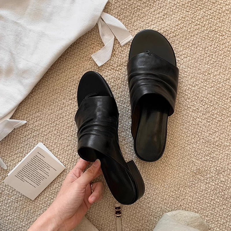 【シューズ】ミニマル×ギャザーサマーミュール｜ワイドアッパー×チャンキーヒールの履きやすさ抜群レディースサンダル