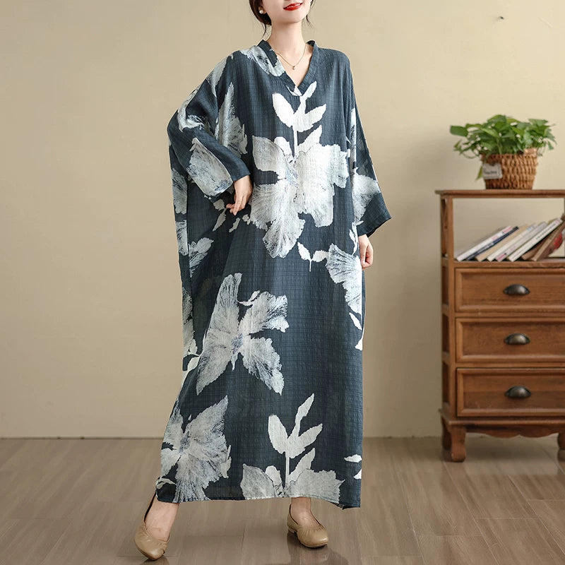 【60%OFF⭐️早い者勝ち】【ワンピース】新作 花柄 トラベル風 Vネック 長袖 9分袖 ロングワンピース 体型カバー ゆったり【SHシリーズ】