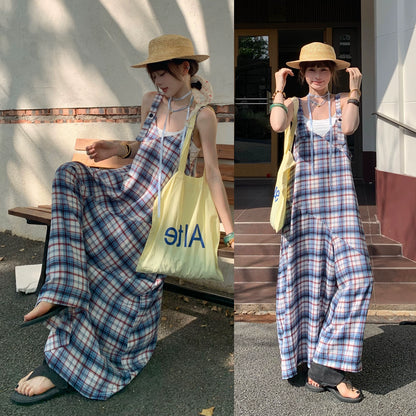 【ボトムス】ゆったりリラックス感 Vネック レトロチェック柄 オールインワン【SHシリーズ】
