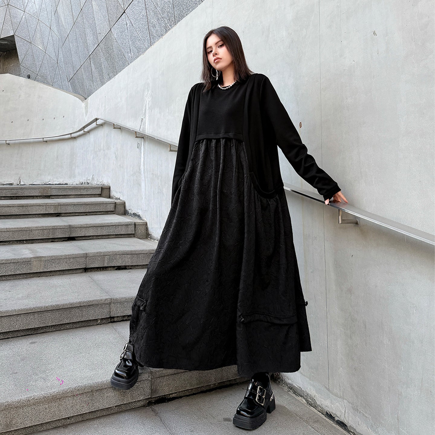 【ワンピース】ドローストリング付き ゆったりとした 春 秋 冬 切り替え 長袖 ワンピース 【AHシリーズ】