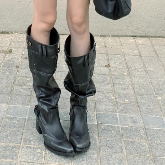 【シューズ】ポインテッドトゥ 太め筒囲 ハイヒール くしゅくしゅブーツ ヴィンテージ 西部カウボーイブーツ レディース