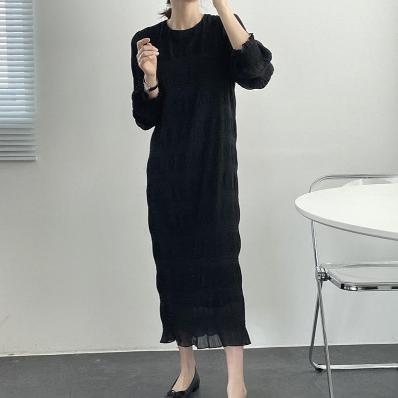 【24AW】【ワンピース】プリーツ ランタン袖 シフォン ラウンドネック 気質 ドレス 長袖ワンピース