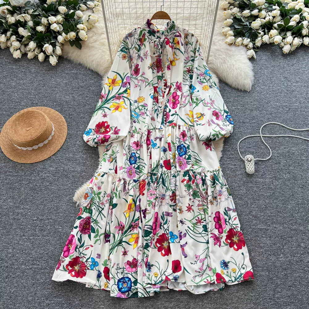 【60%OFF⭐️早い者勝ち】【ワンピース】クラシカル バルーンスリーブ フレンチ リボン付き 花柄 プリント 長袖 ワンピース【SHシリーズ】