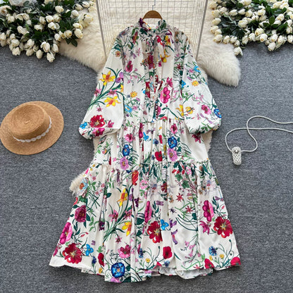 【60%OFF⭐️早い者勝ち】【ワンピース】クラシカル バルーンスリーブ フレンチ リボン付き 花柄 プリント 長袖 ワンピース【SHシリーズ】