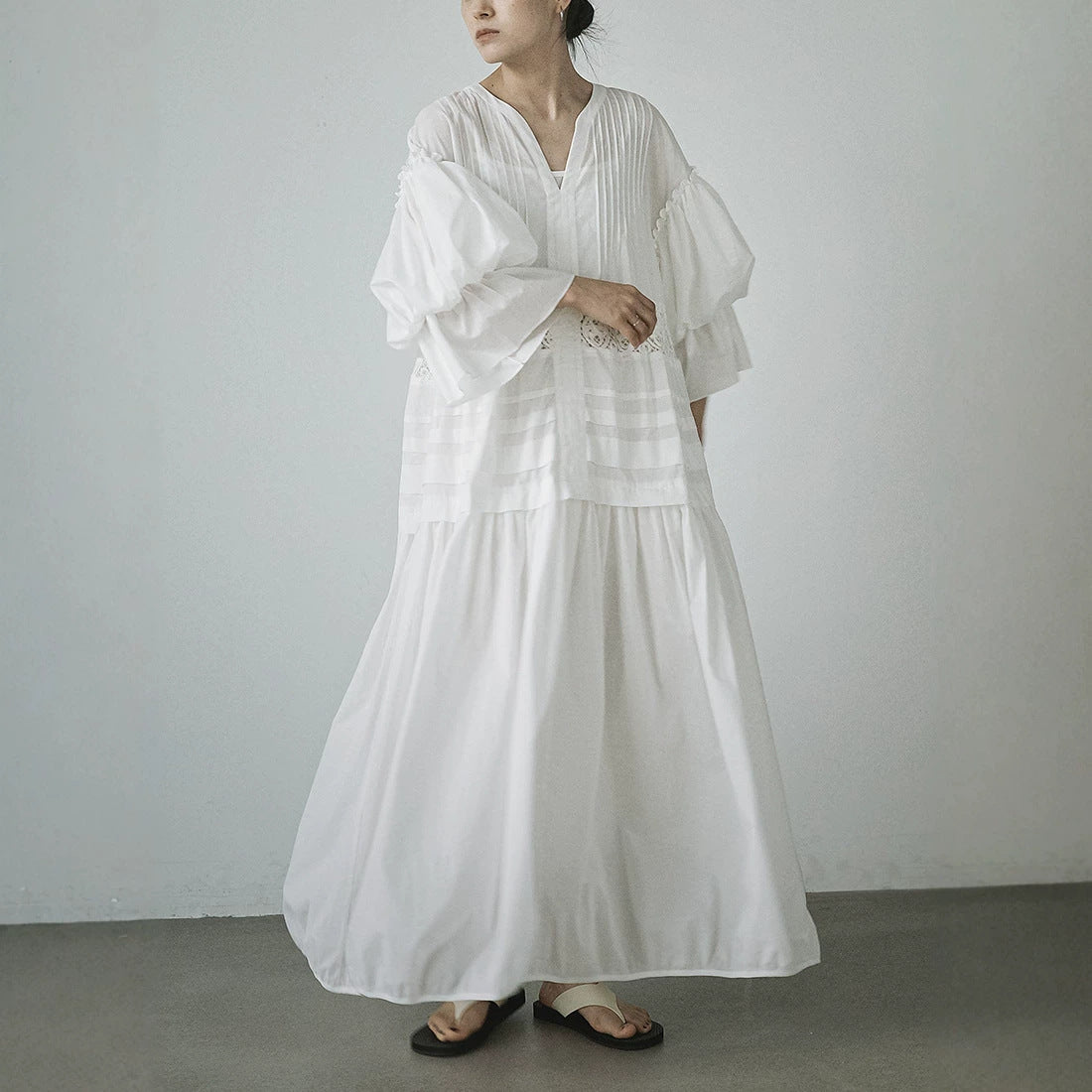 【ワンピース】長袖 レースワンピース レディース 春夏 ゆったりシルエット ロング丈 ナチュラル風 デザイン【JZシリーズ】