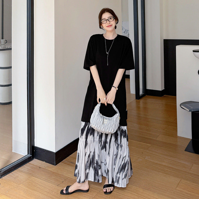 【ワンピース】夏 大きいサイズ レディース 水墨染め フレアスカート 半袖 ワンピース ゆったりサイズ【SHシリーズ】