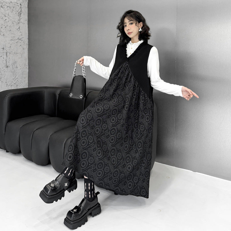 【ワンピース】暗黒系 ノースリーブVネックベストワンピース レディース 新作 ゆったり体型カバー ミディ丈【AHシリーズ】