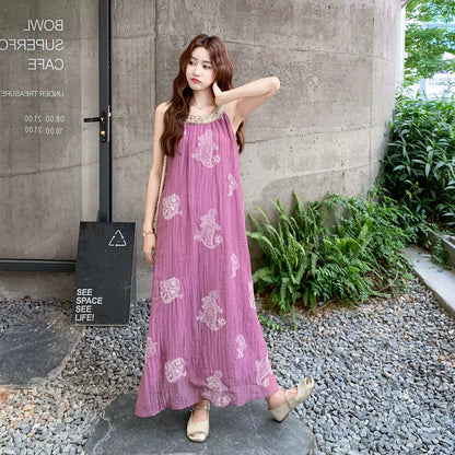 【ワンピース】夏 フレンチ風 ビーチリゾート 旅行  重工刺繍 ビーズ装飾 ノースリーブワンピース【SHシリーズ】