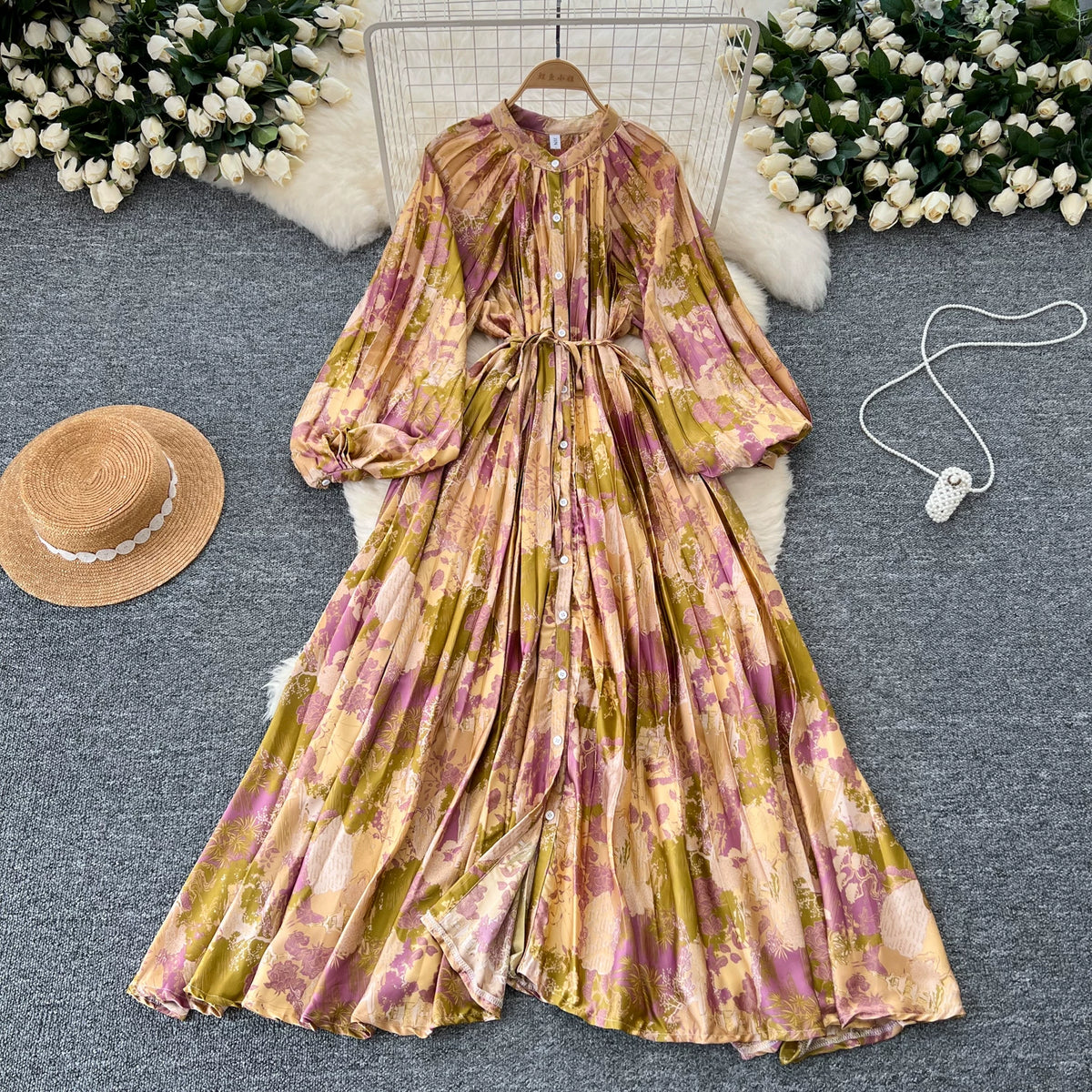 【ワンピース】ウエストマークプリントワンピース レディース 秋新作 長袖 クルーネック ボリュームスリーブ プリーツ フレア【SHシリーズ】