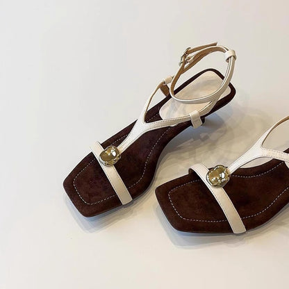 【シューズ】フレンチヴィンテージ  ローマサンダル メタルストラップ スクエアトゥヒールサンダル