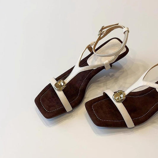 【シューズ】フレンチヴィンテージ  ローマサンダル メタルストラップ スクエアトゥヒールサンダル