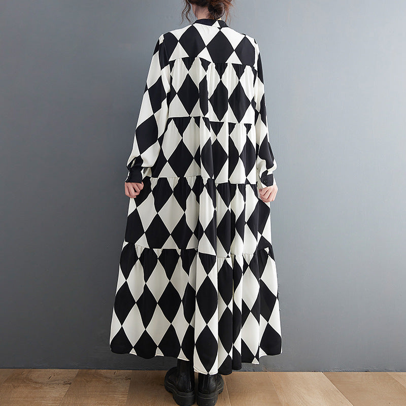 【ワンピース】ブラック＆ホワイト ブラック＆ホワイト プリント 長袖 ワンピース 【SHシリーズ】