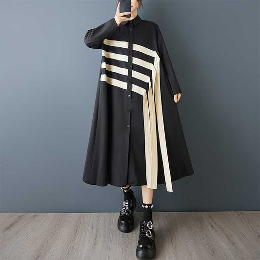 【ワンピース】春秋 配色切替 アシンメトリー POLOカラー ゆったり 長袖 シャツワンピース【AHシリーズ】