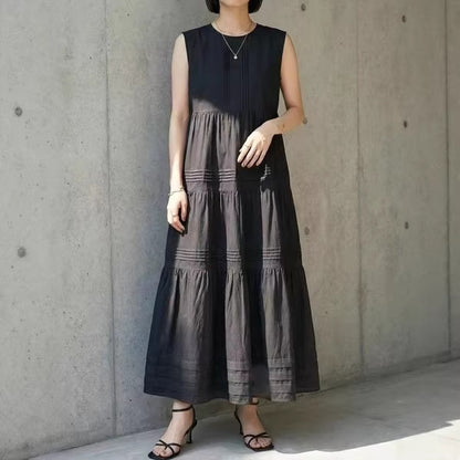 【ワンピース】切り替え タックデザイン 無地 クルーネック ノースリーブ ワンピース【JZシリーズ】