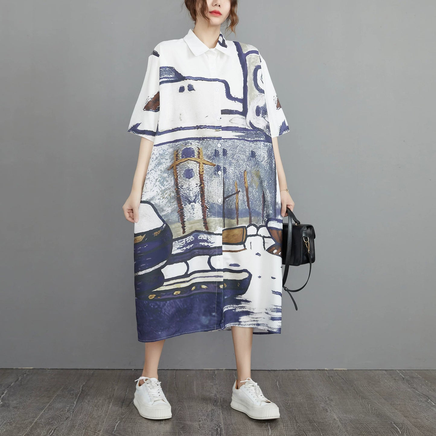 期間限定⭐60%OFF【ワンピース】着痩せ ワンピース 大きいサイズ シャツドレス レトロ柄 半袖 夏 ゆるシルエット ウエストマーク Aライン ロング丈 新作 お洒落 カジュアル【SHシリーズ】