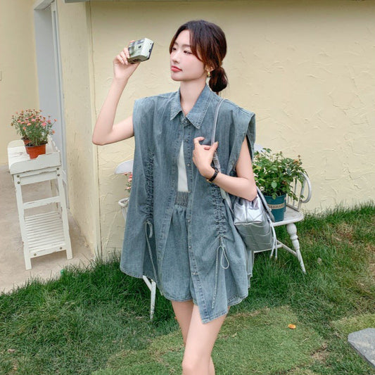 2点セット！【セットアップ】デニムベスト＋ショートパンツ 上下セット レディース 夏 薄手 リラックスコーデ【JZシリーズ】