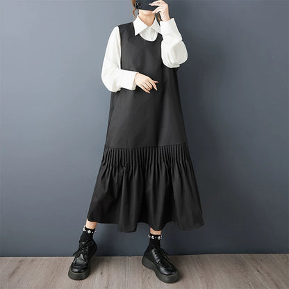 【60%OFF⭐️早い者勝ち】【ワンピース】ヴィンテージ  ロング ノースリーブ ワンピース プリーツデザイン パッチワーク ゆったり レイヤード スタイル【AHシリーズ】