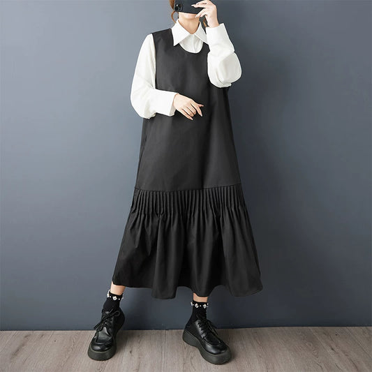 【60%OFF⭐️早い者勝ち】【ワンピース】ヴィンテージ  ロング ノースリーブ ワンピース プリーツデザイン パッチワーク ゆったり レイヤード スタイル【AHシリーズ】