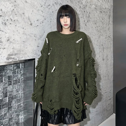 【トップス】パールピン付きダメージニット レディース 秋冬新作 フリンジ ゆったり ドロップショルダー モード セーター【JZシリーズ】