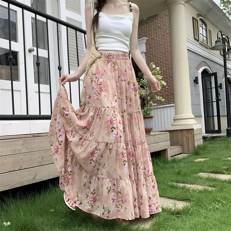 【ボトムス】フレンチ花柄シフォンスカート レディース 夏 ロング丈 フレアシルエット ハイウエスト 上品エレガント【SHシリーズ】