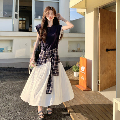 【ワンピース】夏 韓国風カジュアルな雰囲気コーデ チェック柄×レース切り替え ノースリーブワンピース【SHシリーズ】