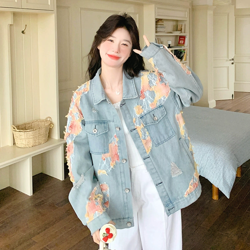 【アウター】おしゃれで若見え デザイン性デニムジャケット レディース  韓国風 レース切替配色ジャケット【SHシリーズ】
