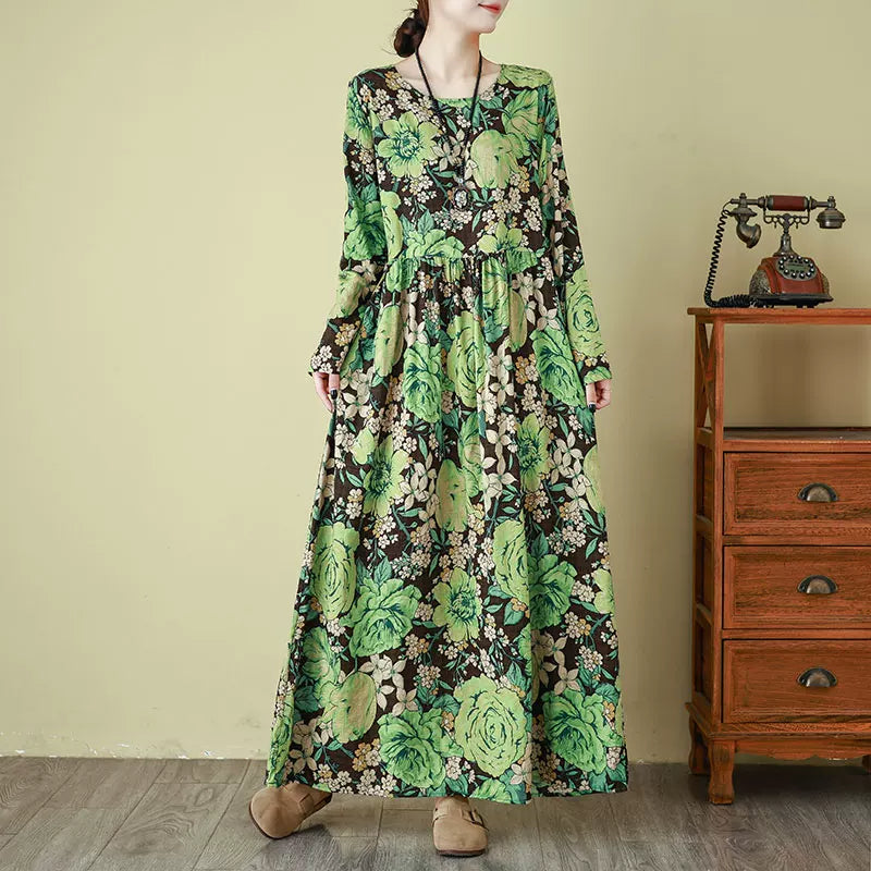 【ワンピース】花柄 気質アップ レディース 長袖ワンピース リゾート風 旅行用 丸首 ヴィンテージ風 レス【SHシリーズ】