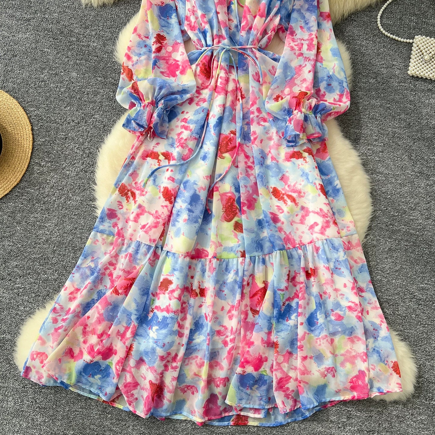 【ワンピース】一枚で主役級✨フレンチエレガンス 長袖 ワンピース パールラウンドネック リボン付き ランタンスリーブ 花柄シフォン ウエストマーク ロング丈【SHシリーズ】