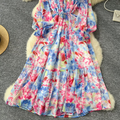 【ワンピース】一枚で主役級✨フレンチエレガンス 長袖 ワンピース パールラウンドネック リボン付き ランタンスリーブ 花柄シフォン ウエストマーク ロング丈【SHシリーズ】