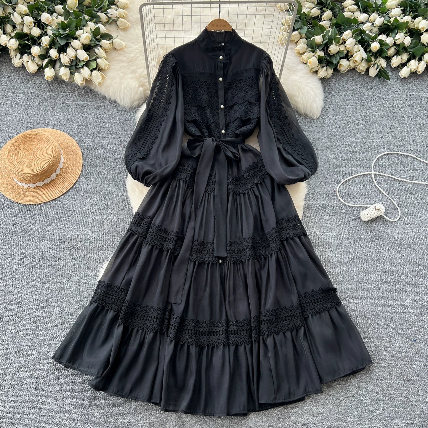 【ワンピース】フレンチヴィンテージ レース切替 スタンドカラー ウエストマーク フレア 長袖ワンピース【JZシリーズ】